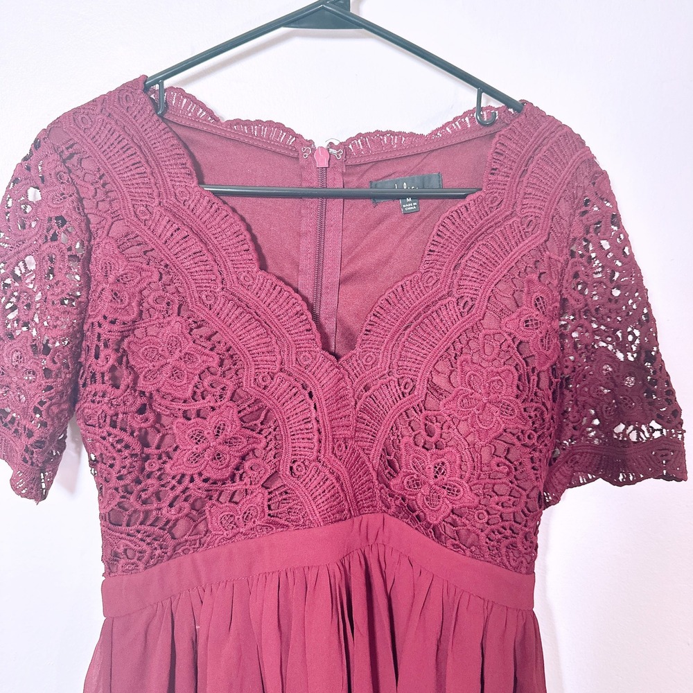 Lulus Size M Burgundy Lace Crochet Chiffon Mini Dress V-Neck Short Sleeve Maroon - Picture 3 of 6